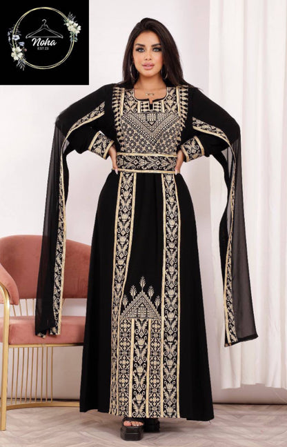 Embroidery Palestinian Thobe with Chiffon Sleeves