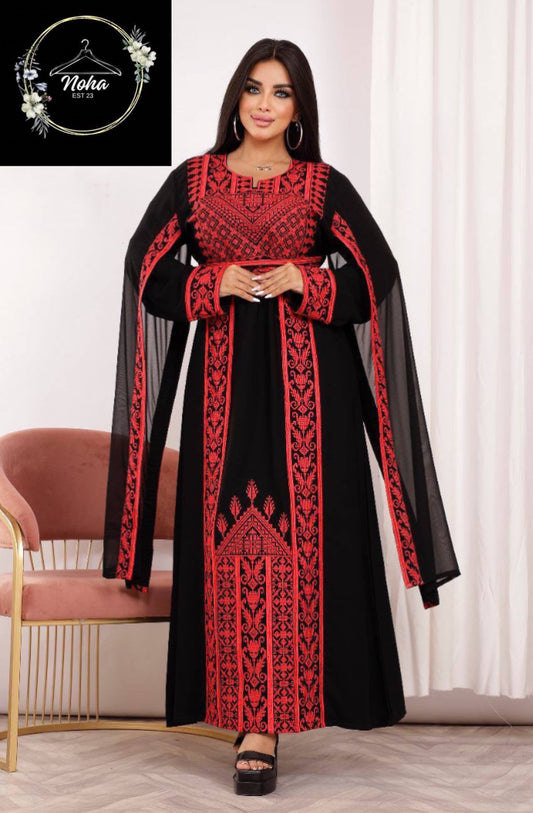 Embroidery Palestinian Thobe with Chiffon Sleeves