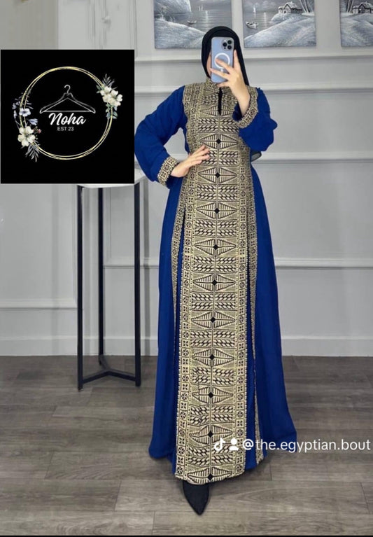 Blue Palestinian Abaya with golden Embroidery