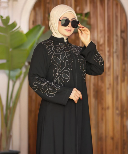 Abaya with digital embroidery and zipper