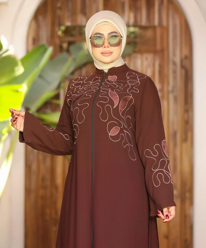 Abaya with digital embroidery and zipper